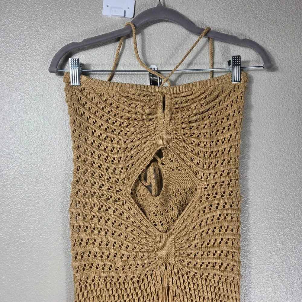 boho crochet fringe maxi dress M tan cutout lace up back resort